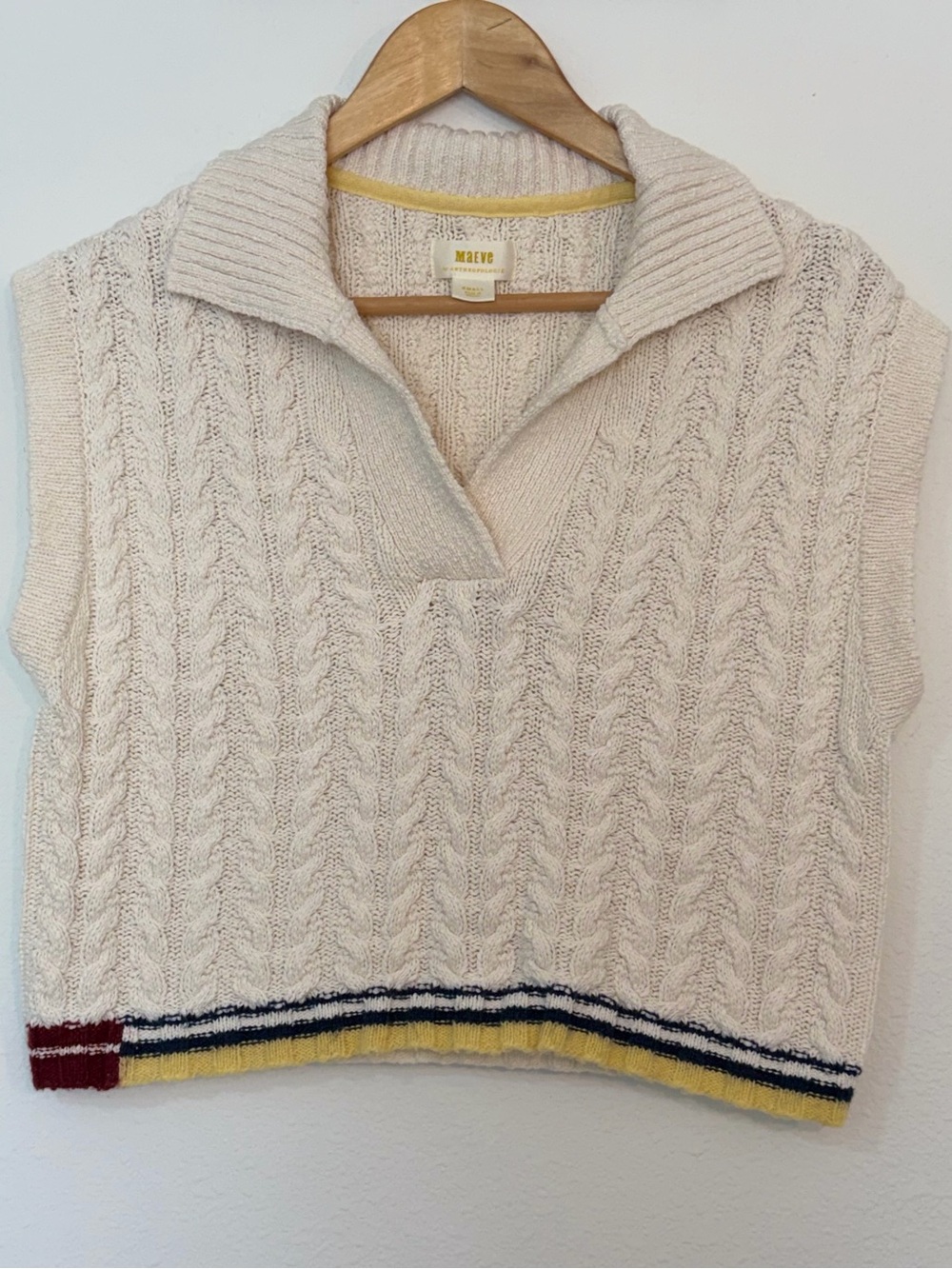 Maeve Cream Cable-Knit V-Neck Sleeveless Sweater with Striped Hem